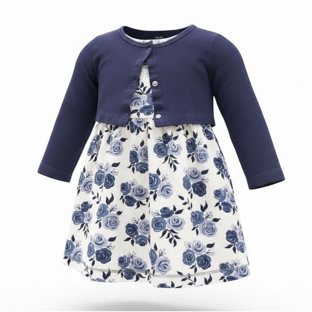 Touched by Nature Girls 2T Navy Floral 2pc Dress & Cardigan Set Blue Rose Outfit